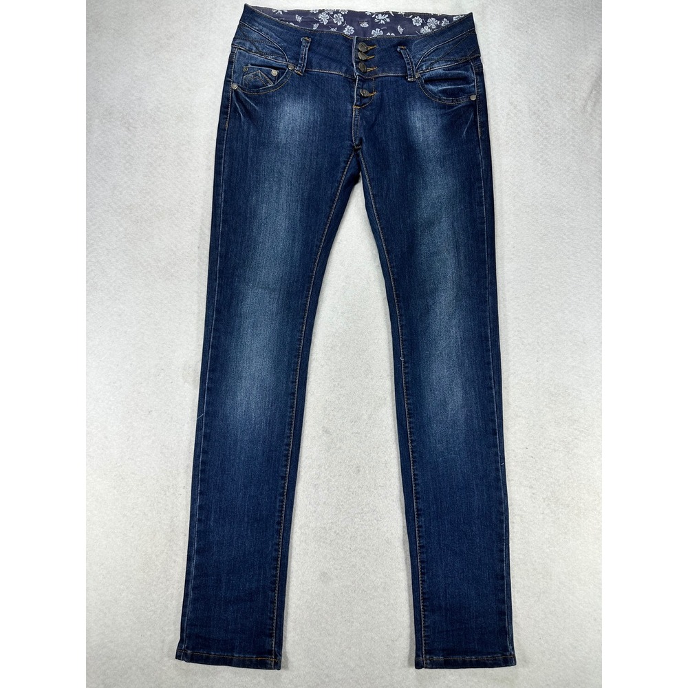 Luxury Group Womens Dark Wash Skinny Jeans Size 30 Button Fly Floral Waistband